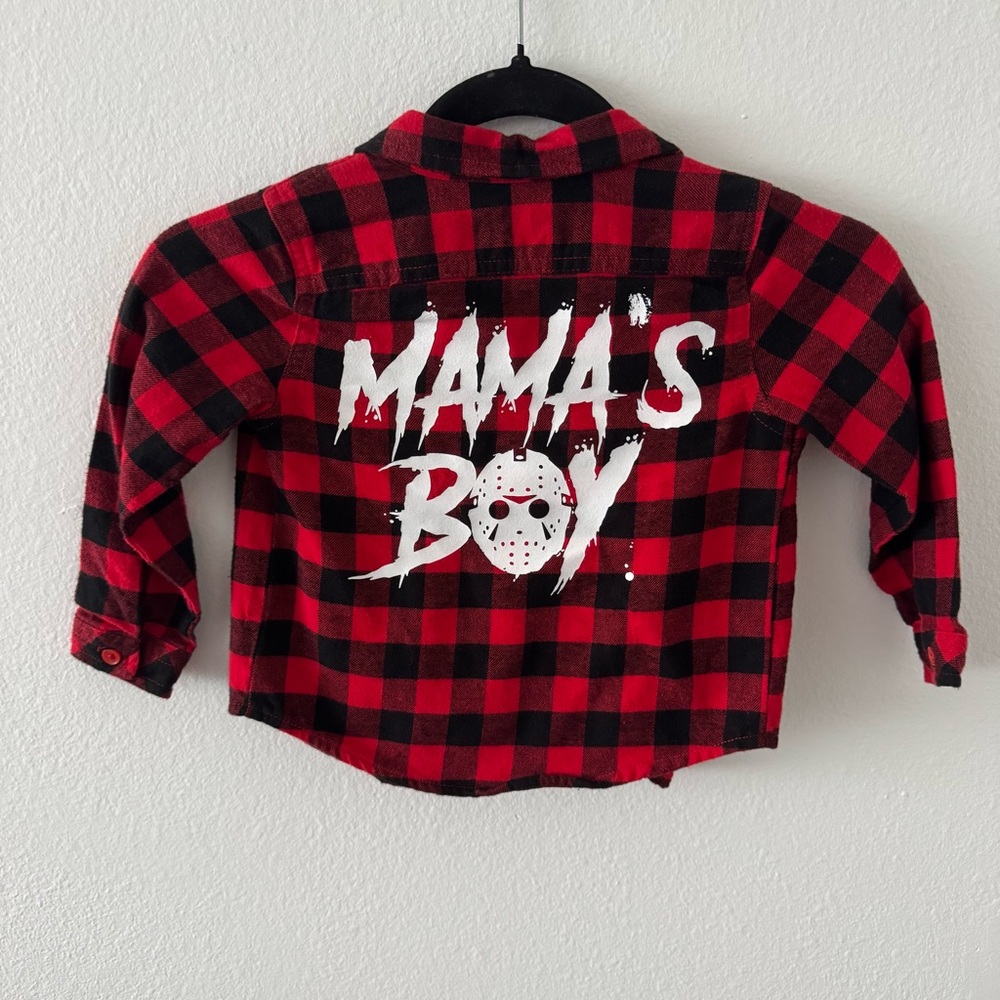 Mama’s Boy Upcycled Spooky Horror Flannel Red and Black Plaid Shirt 3T
